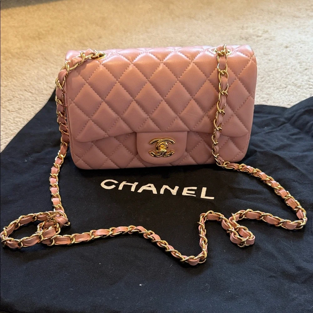 CHANEL Pink Quilted Lambskin Mini Flap Bag with Gold Chain - Picture 6 of 7